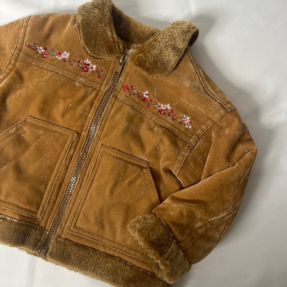 Vintage B.T. Kids Floral Embroidered Brown Faux Fur Suede Jacket / Coat Sz 18 mo